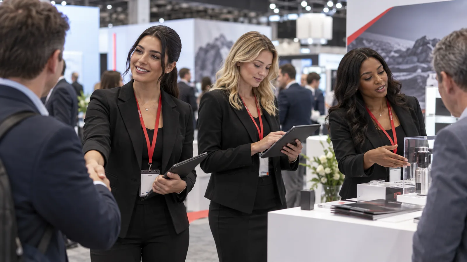 Three professional booth babe trade show staff working a booth with attendees, lead capture, and product demonstration support