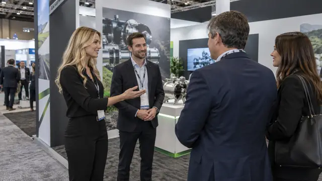 Booth hostess introducing two trade show attendees to an exhibitor sales representative