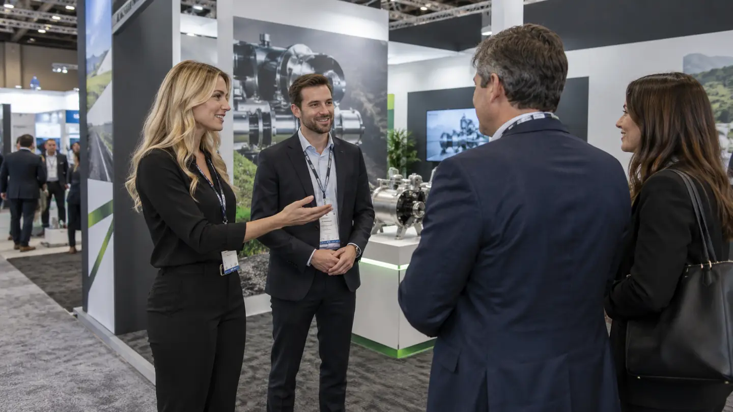 Booth hostess introducing two trade show attendees to an exhibitor sales representative