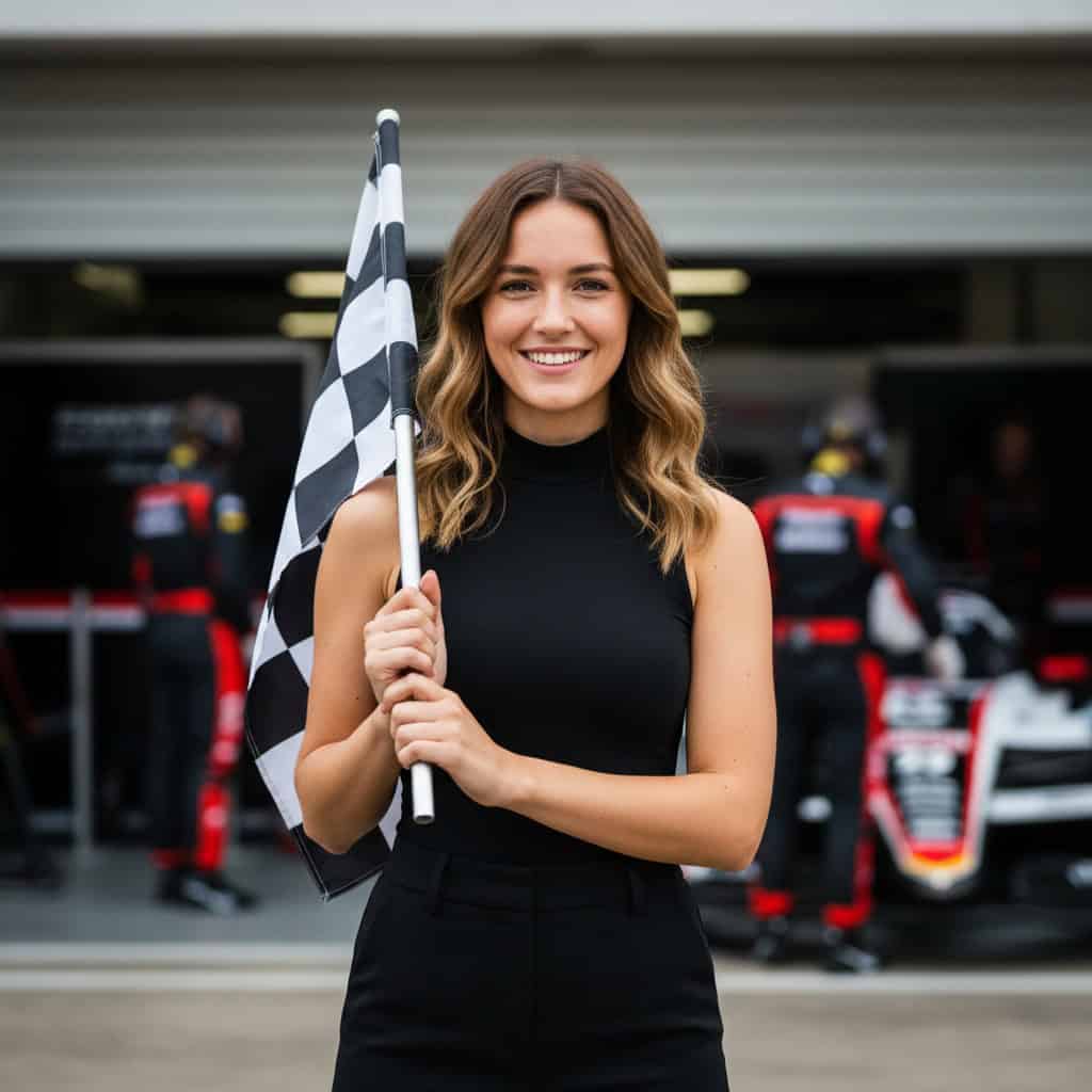 TSM Agency checkered flag girl portrait at Anaheim trade show booth