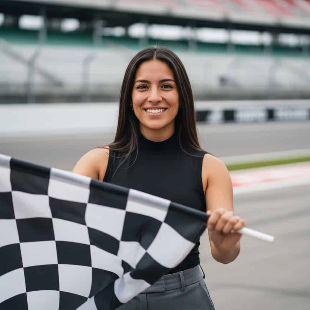 TSM Agency checkered flag girl portrait at Atlanta trade show booth