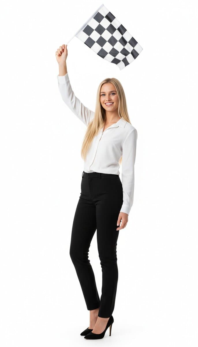 TSM Agency checkered flag girl in action at Atlanta trade show