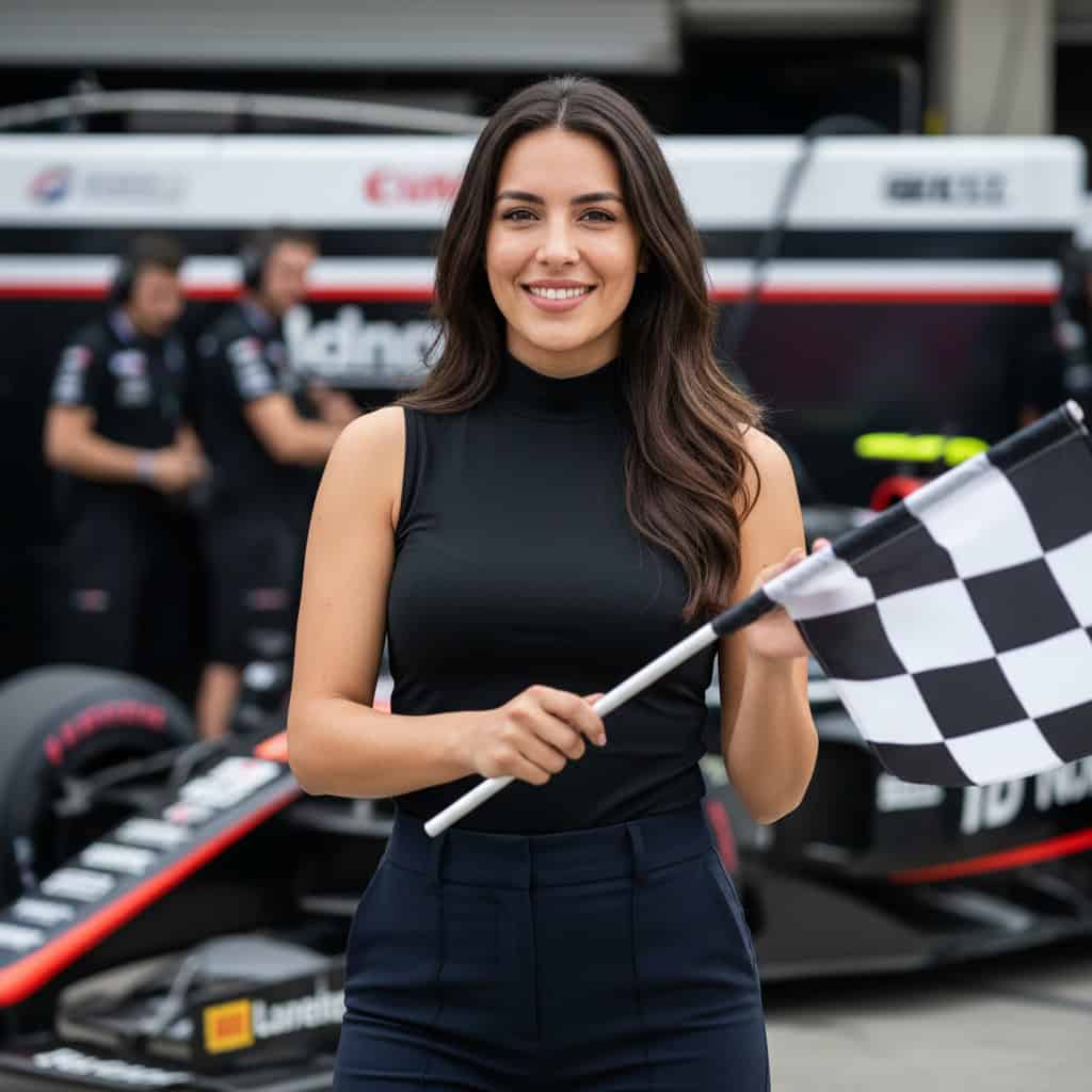TSM Agency checkered flag girl portrait at Chicago trade show booth