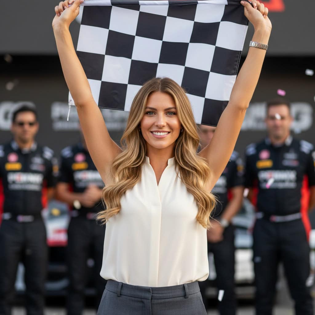 TSM Agency checkered flag girl portrait at Dallas trade show booth