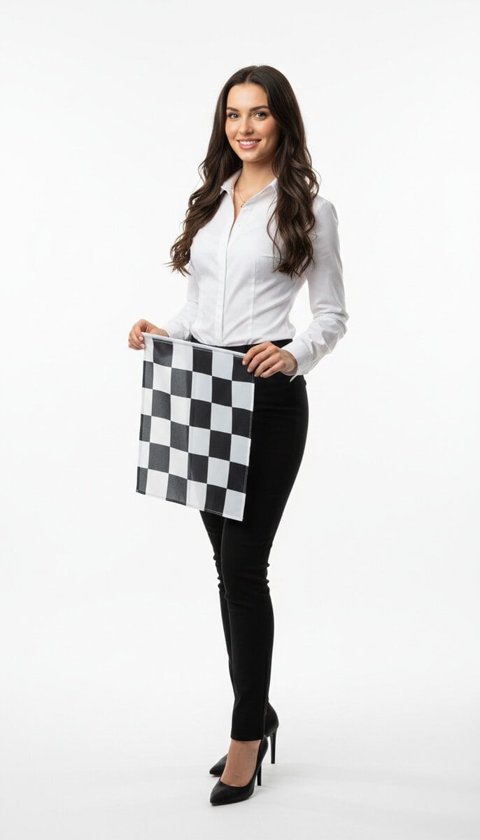 TSM Agency checkered flag girl in action at Houston trade show