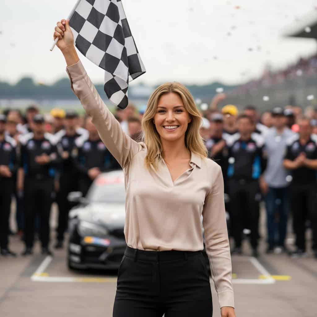 TSM Agency checkered flag girl portrait at Indianapolis trade show booth
