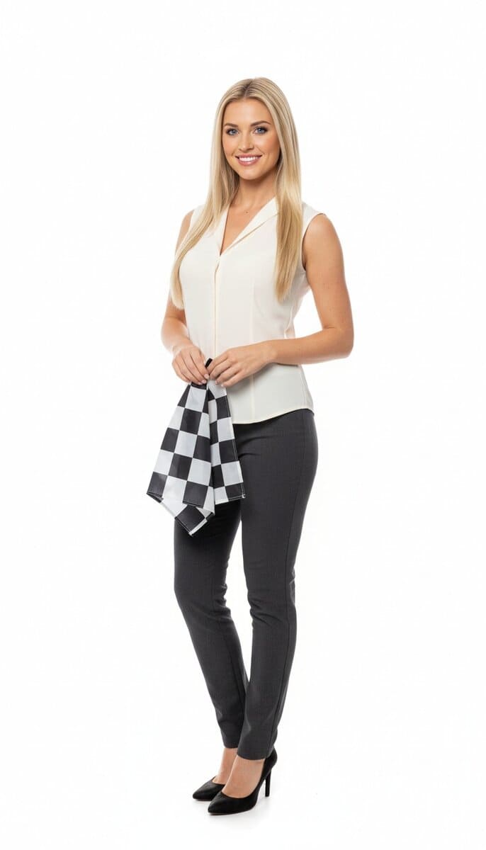 TSM Agency checkered flag girl in action at Indianapolis trade show