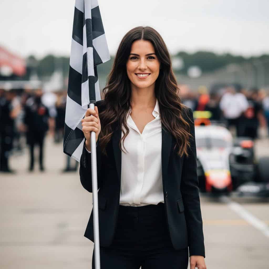 TSM Agency checkered flag girl portrait at Kansas City trade show booth