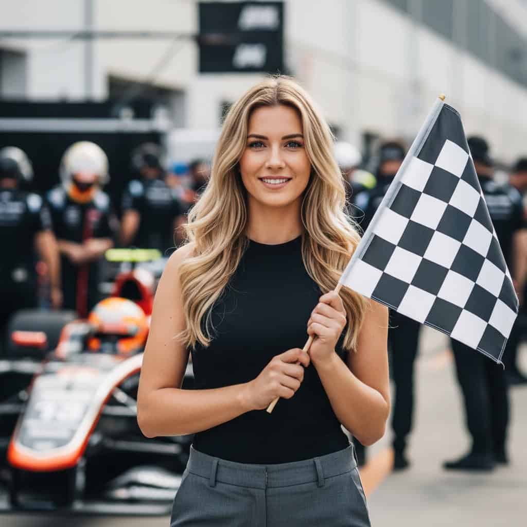 TSM Agency checkered flag girl portrait at Las Vegas trade show booth