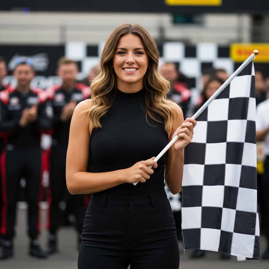 TSM Agency checkered flag girl portrait at Los Angeles trade show booth