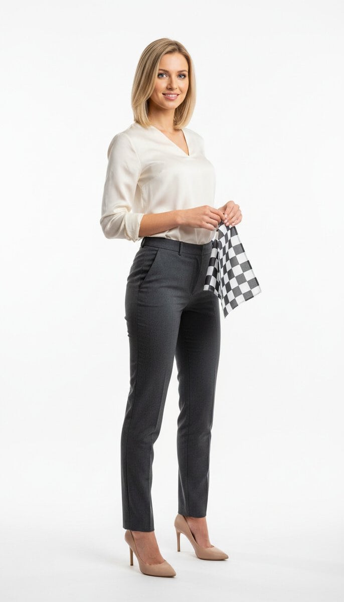 TSM Agency checkered flag girl in action at Los Angeles trade show