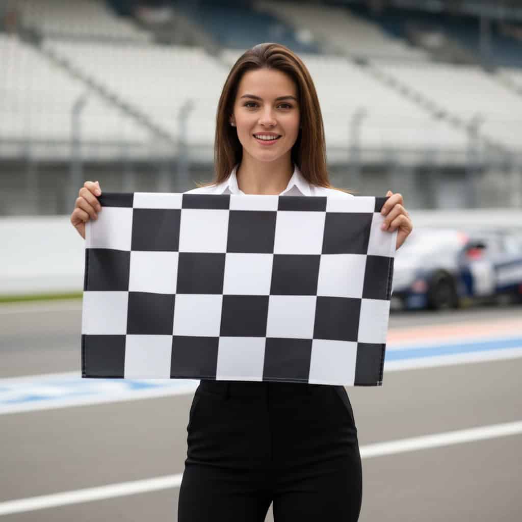 TSM Agency checkered flag girl portrait at Miami trade show booth