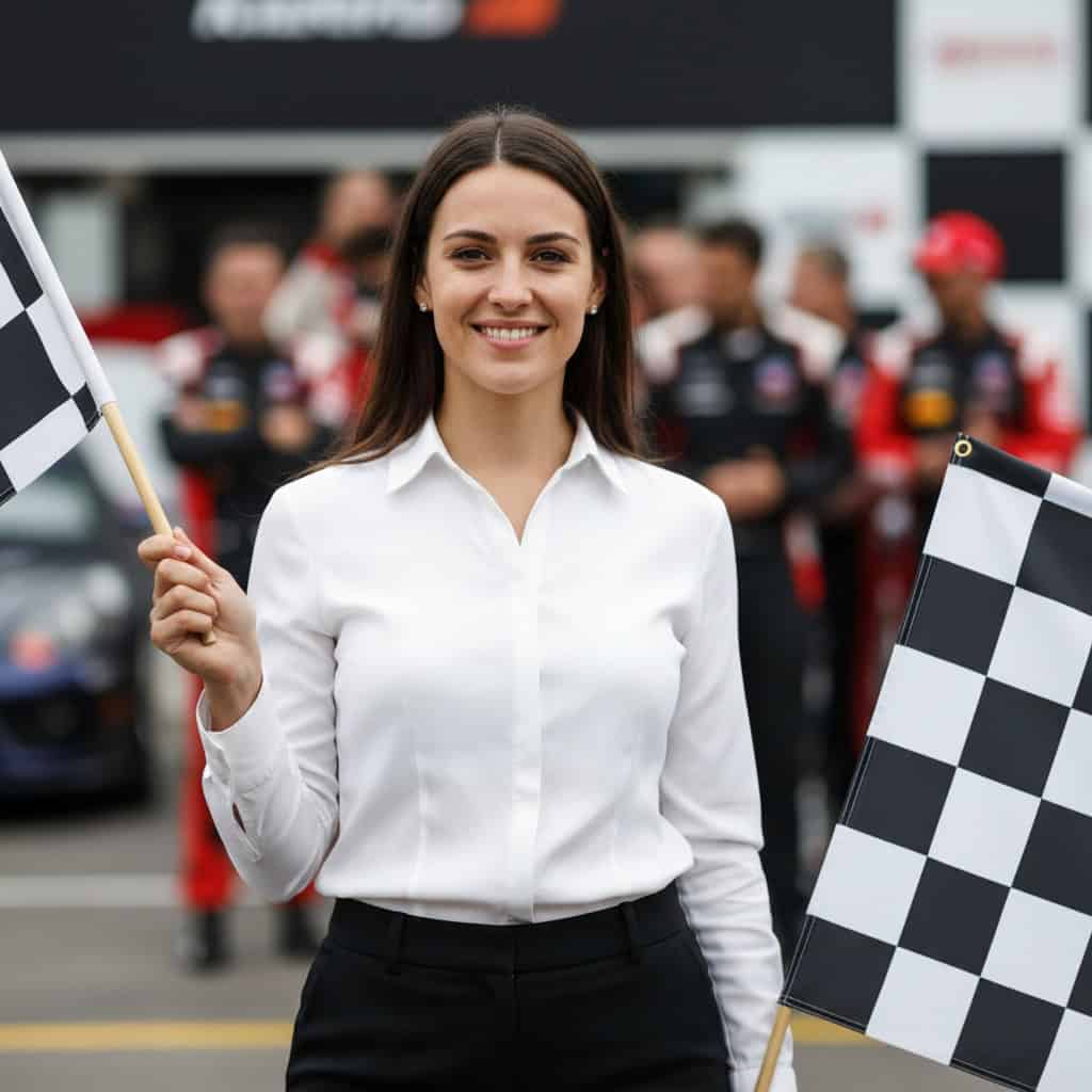 TSM Agency checkered flag girl portrait at Nashville trade show booth