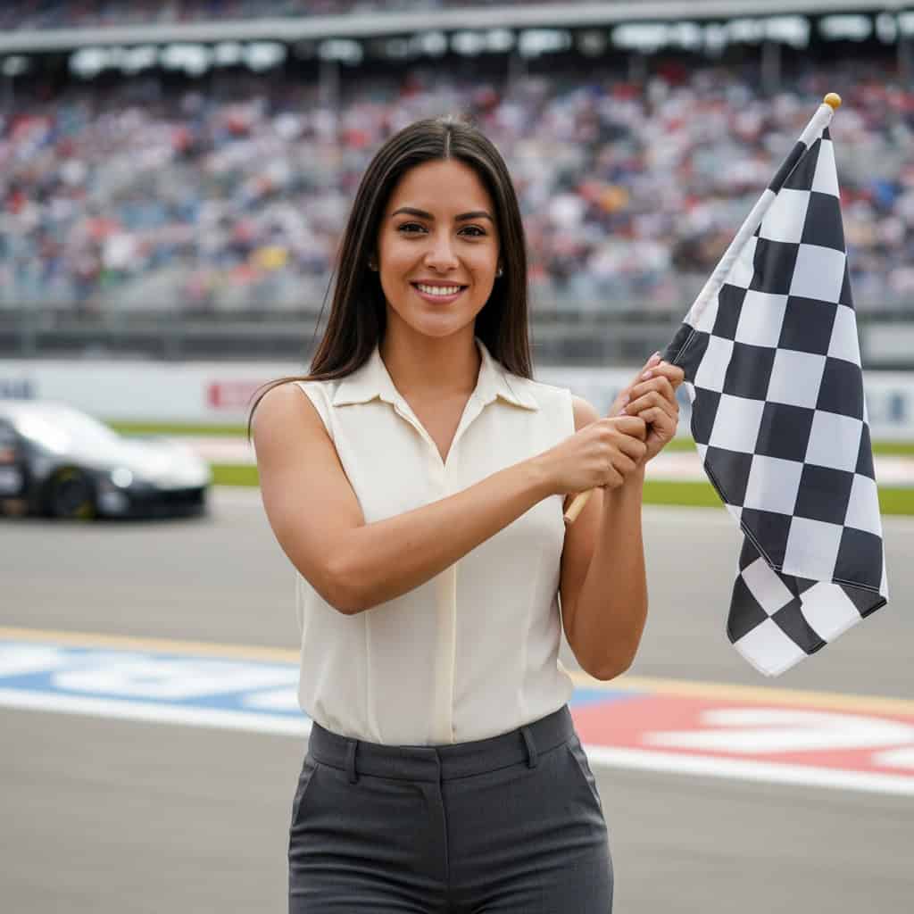 TSM Agency checkered flag girl portrait at New York City trade show booth