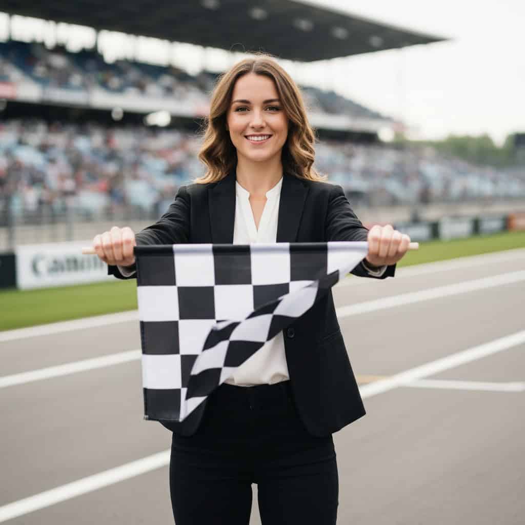 TSM Agency checkered flag girl portrait at Orlando trade show booth