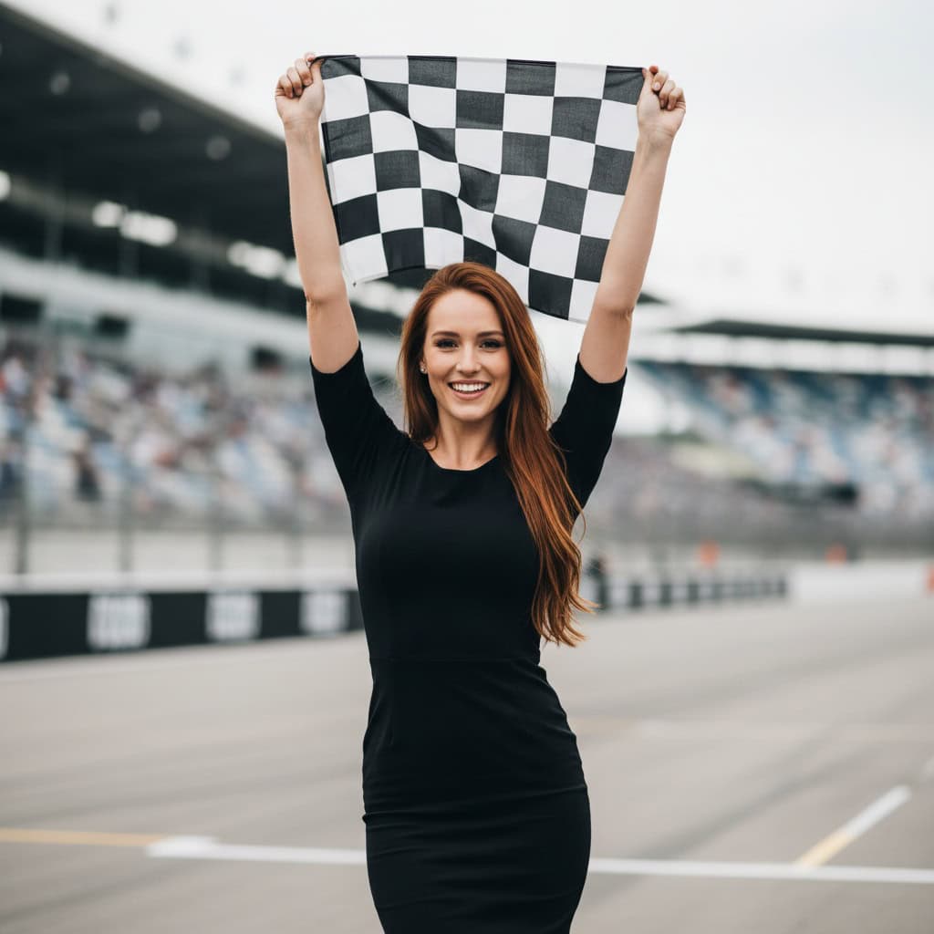 TSM Agency checkered flag girl portrait at Phoenix trade show booth