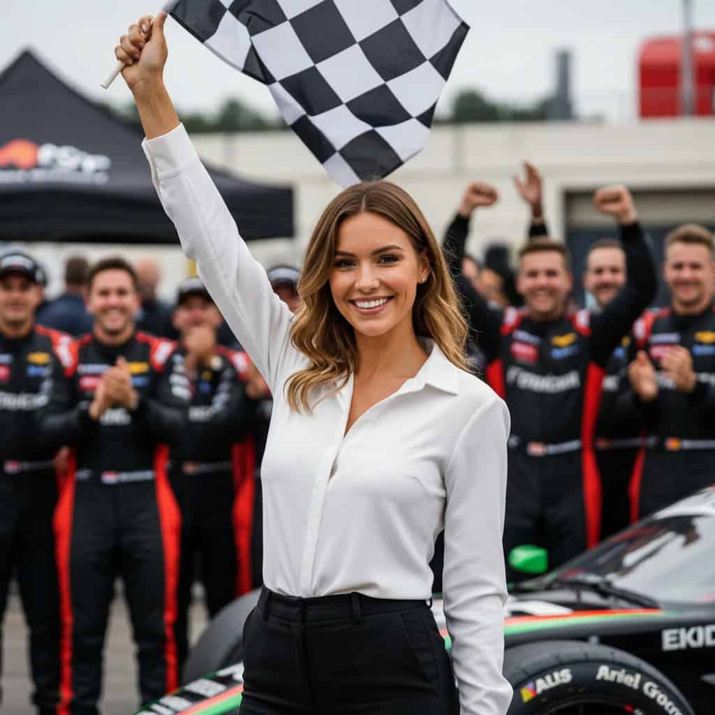 TSM Agency checkered flag girl portrait at San Diego trade show booth