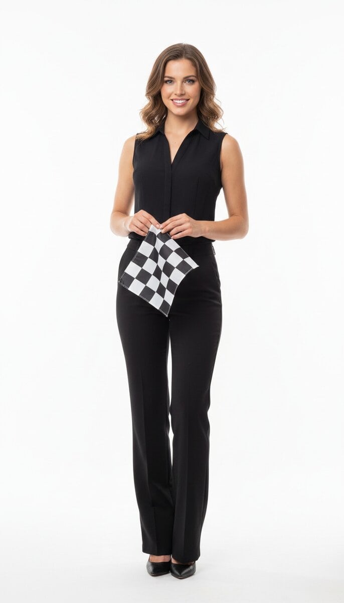 TSM Agency checkered flag girl in action at San Diego trade show