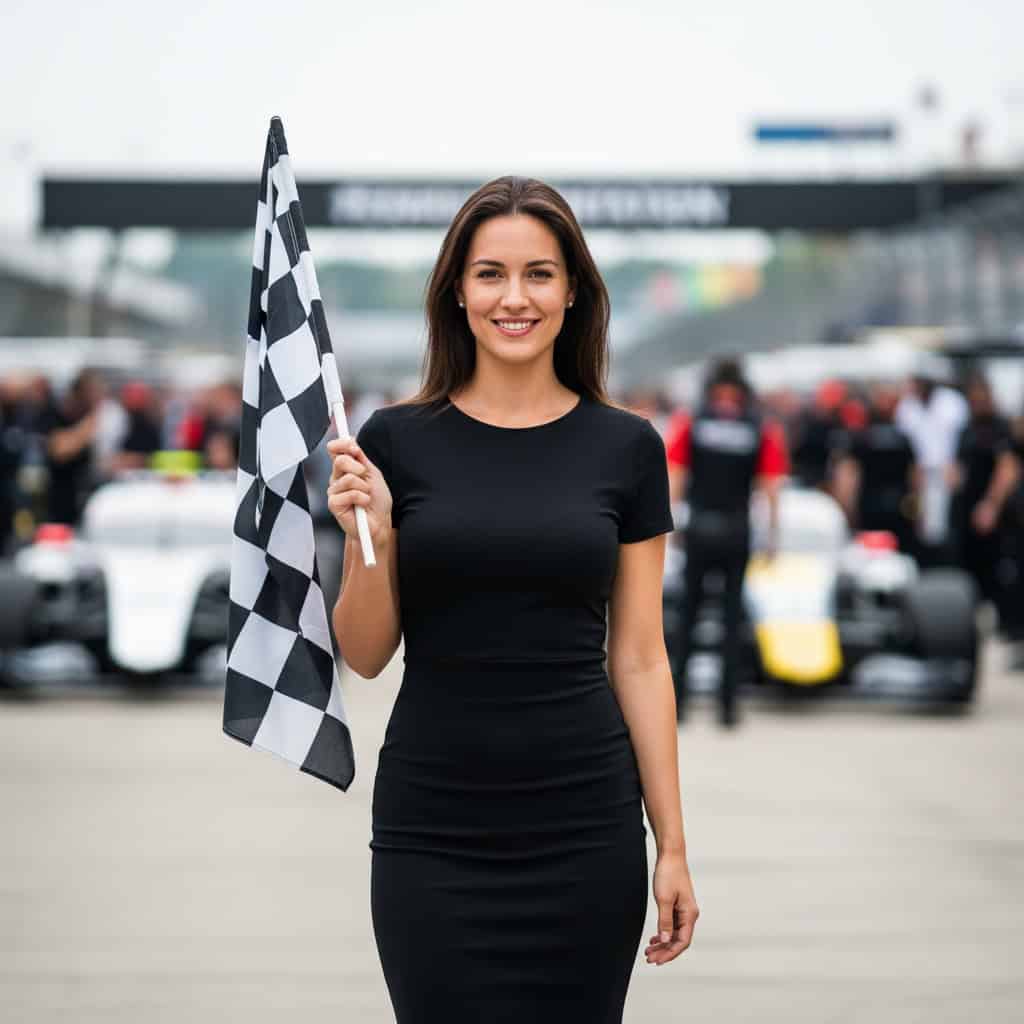 TSM Agency checkered flag girl portrait at Tampa trade show booth