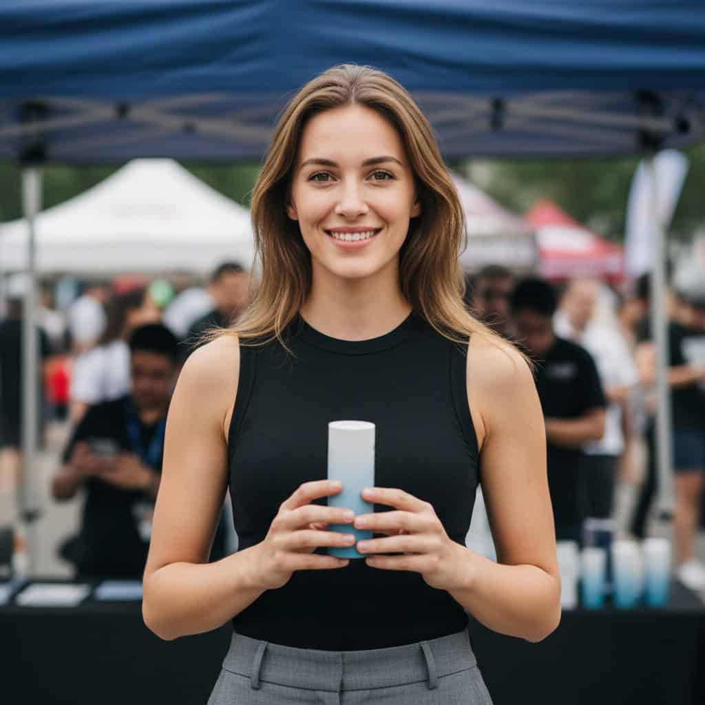 TSM Agency promotional model portrait at Denver trade show booth