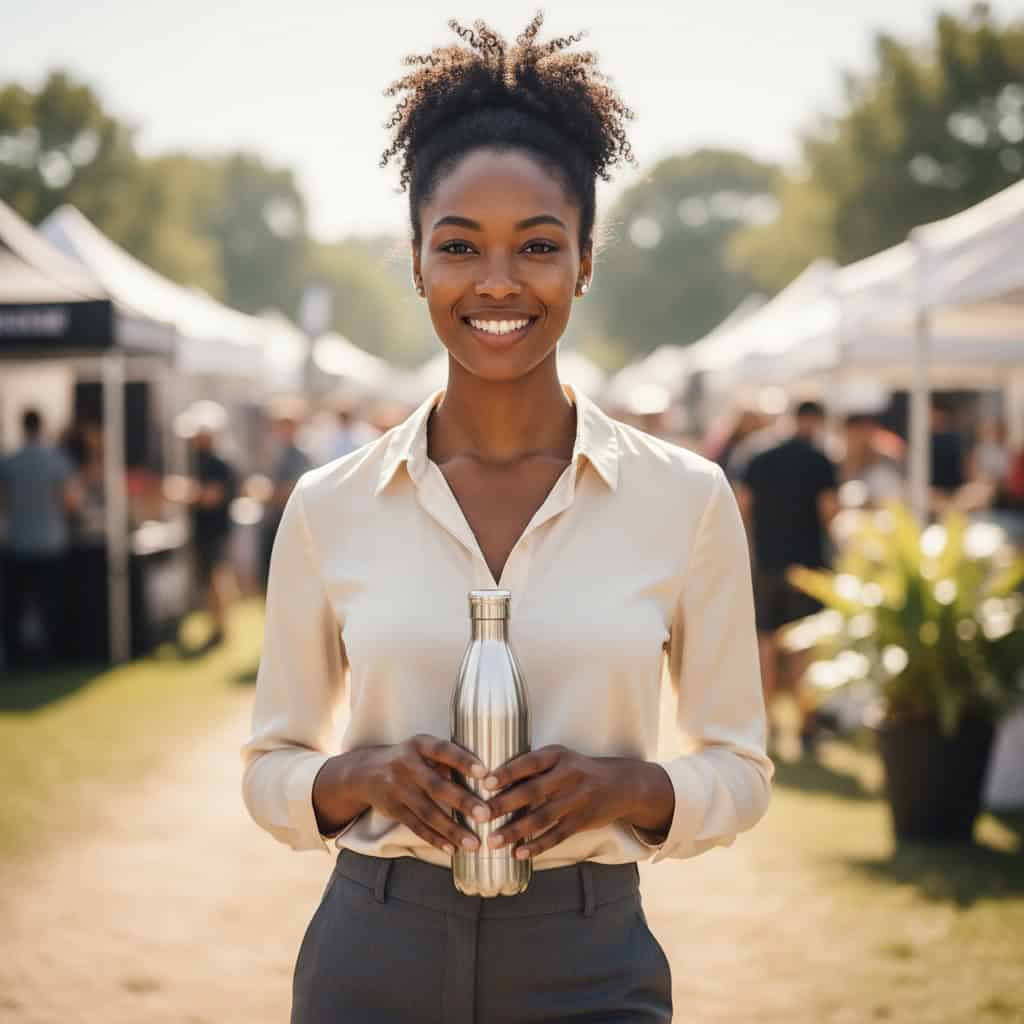 TSM Agency promotional model portrait at New York City trade show booth