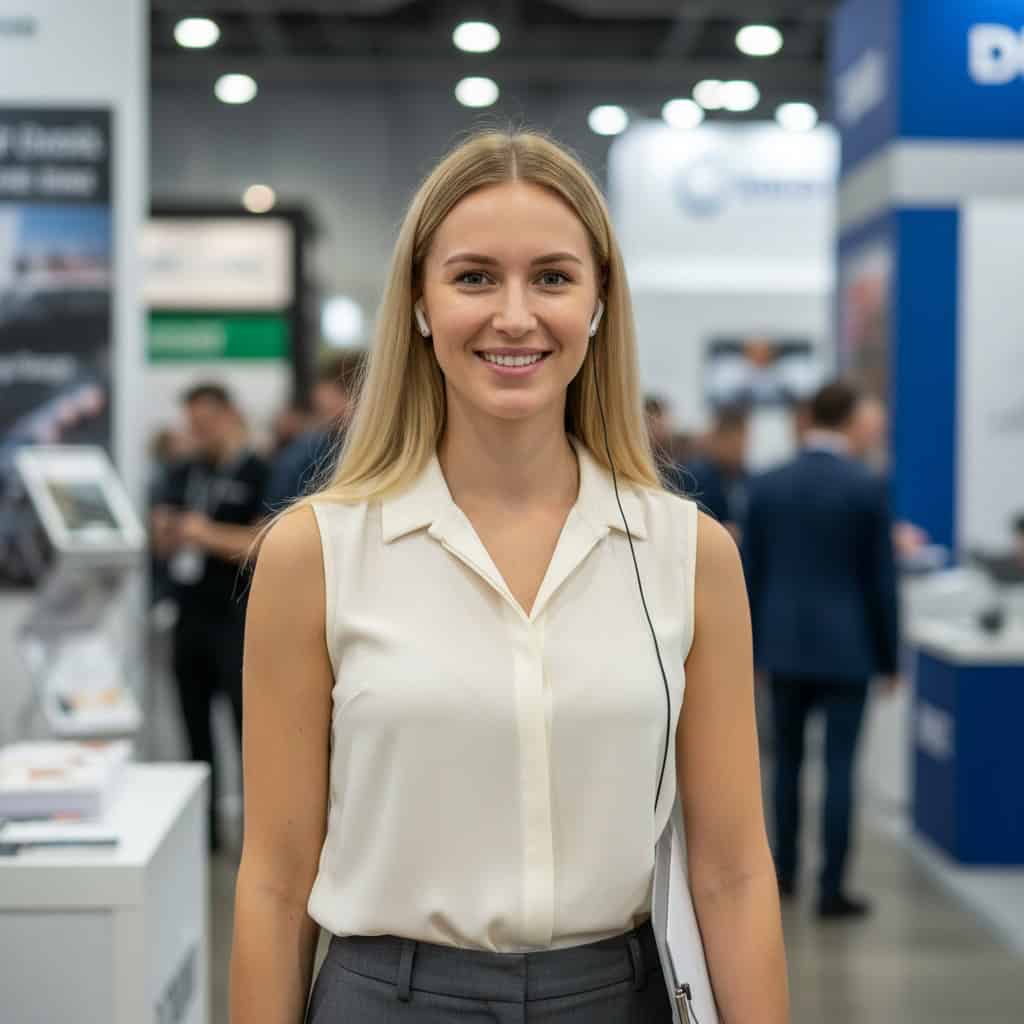 TSM Agency team lead / coordinator portrait at Chicago trade show booth