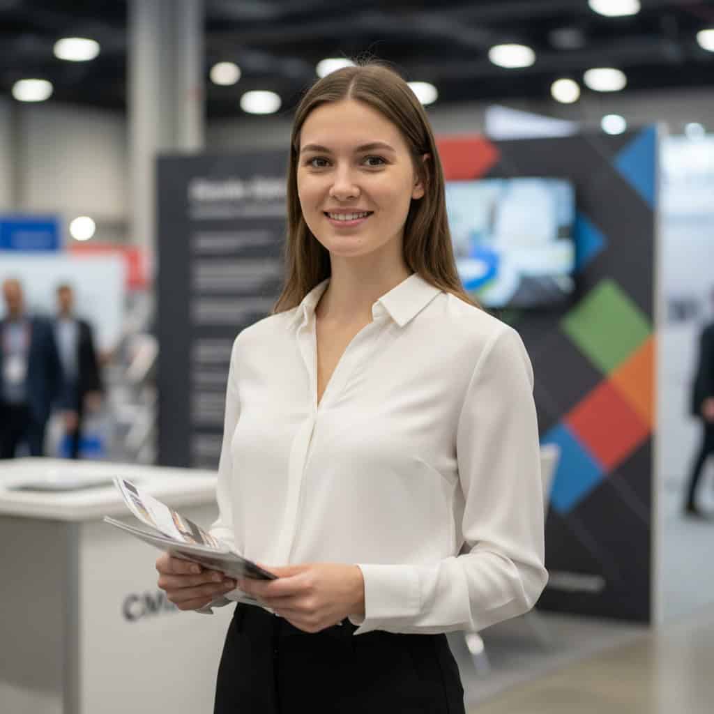 TSM Agency trade show model portrait at San Diego trade show booth