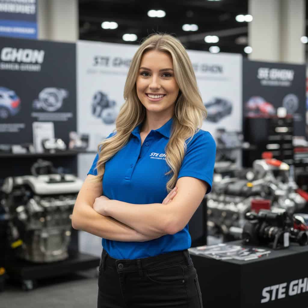 Professional trade show model at AAPEX — Automotive Aftermarket Products Expo booth