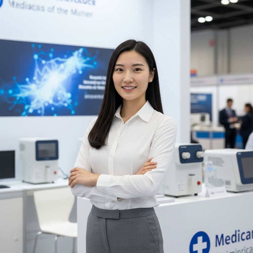 Professional trade show model at ADLM Annual Meeting booth