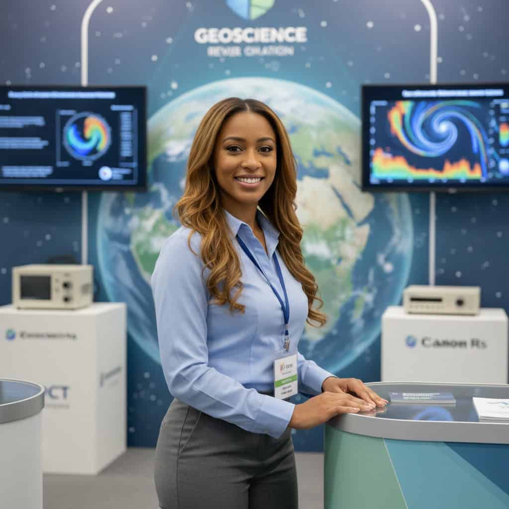 Professional trade show model at AGU Fall Meeting booth