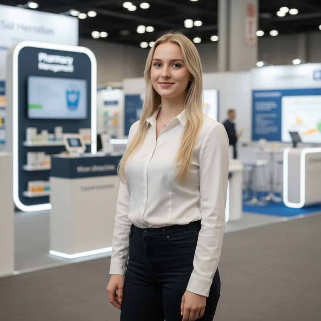 Professional trade show model at ASHP Midyear Clinical Meeting booth