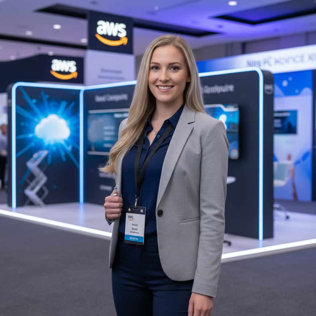 Professional trade show model at AWS re:Invent booth