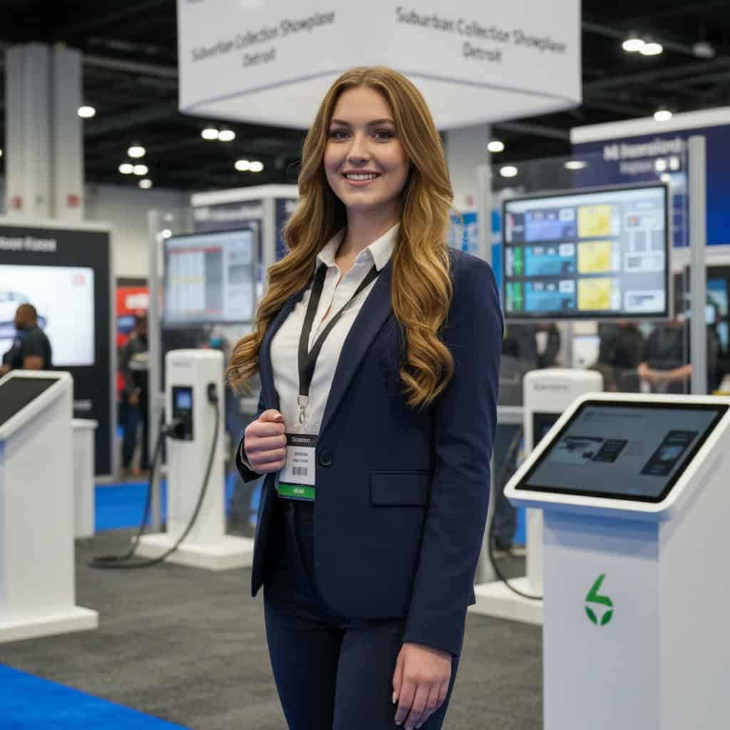 Professional trade show model at Battery Show & EV Tech Expo booth