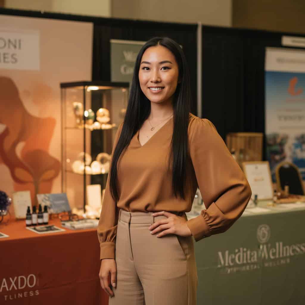 Professional trade show model at Body Mind Spirit Expo Tampa booth