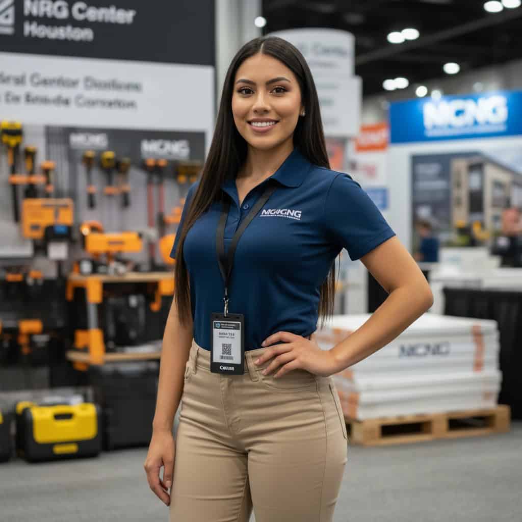 Professional trade show model at Build Expo Houston booth