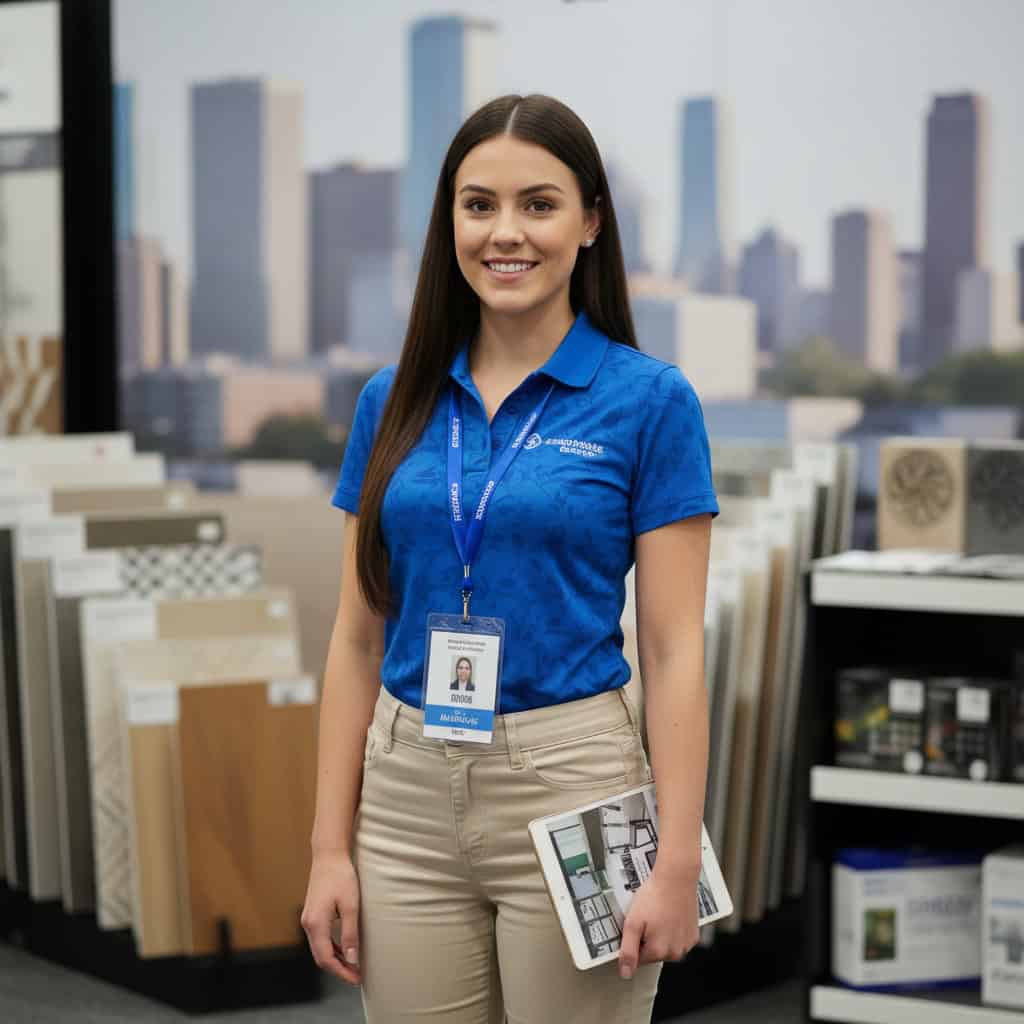 Professional trade show model at Chicago Build Expo booth