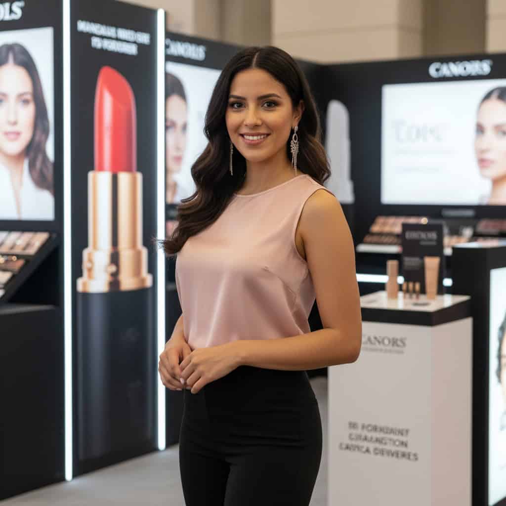 Professional trade show model at Cosmoprof North America booth