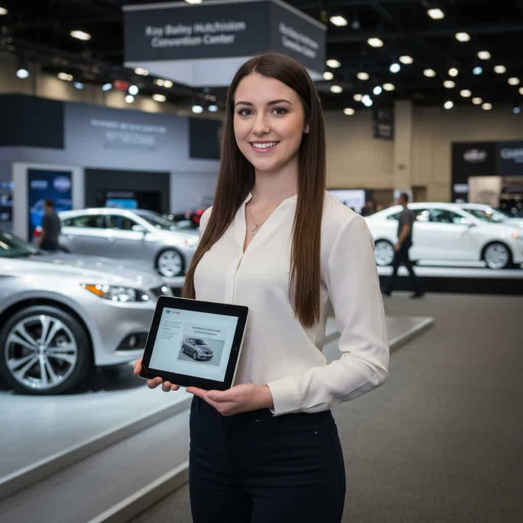 Professional trade show model at Dallas Auto Show booth