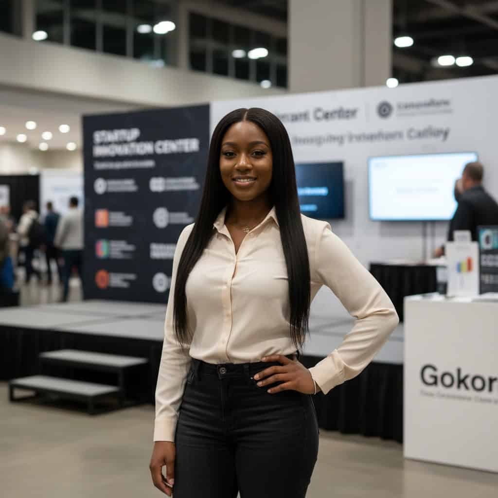 Professional trade show model at Denver Startup Week Expo booth