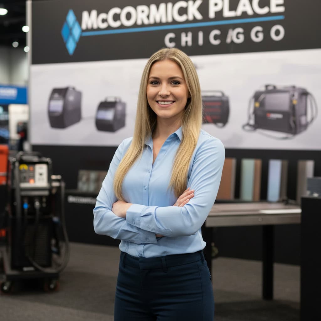 Professional trade show model at FABTECH International booth