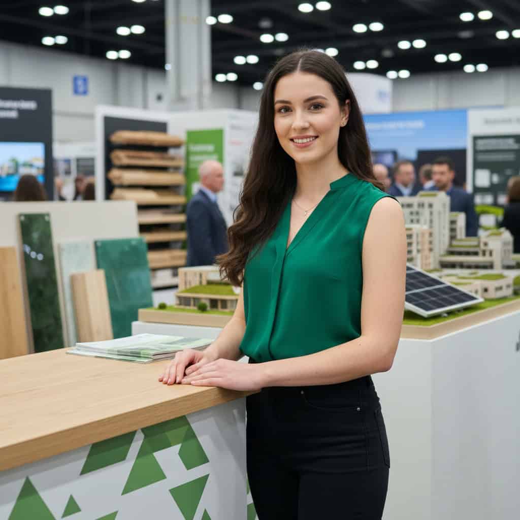 Professional trade show model at Greenbuild Conference & Expo booth