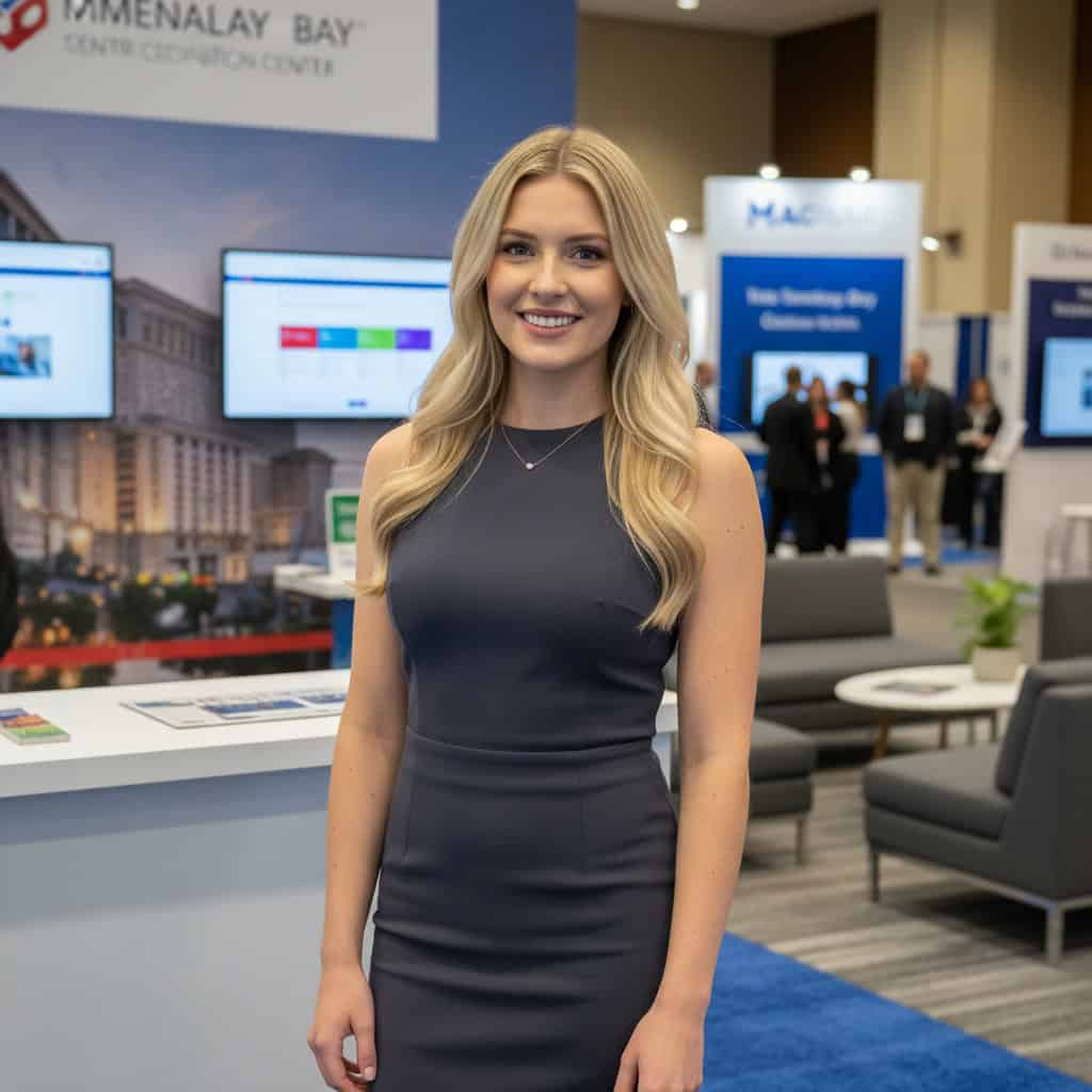 Professional trade show model at HR Tech Conference booth