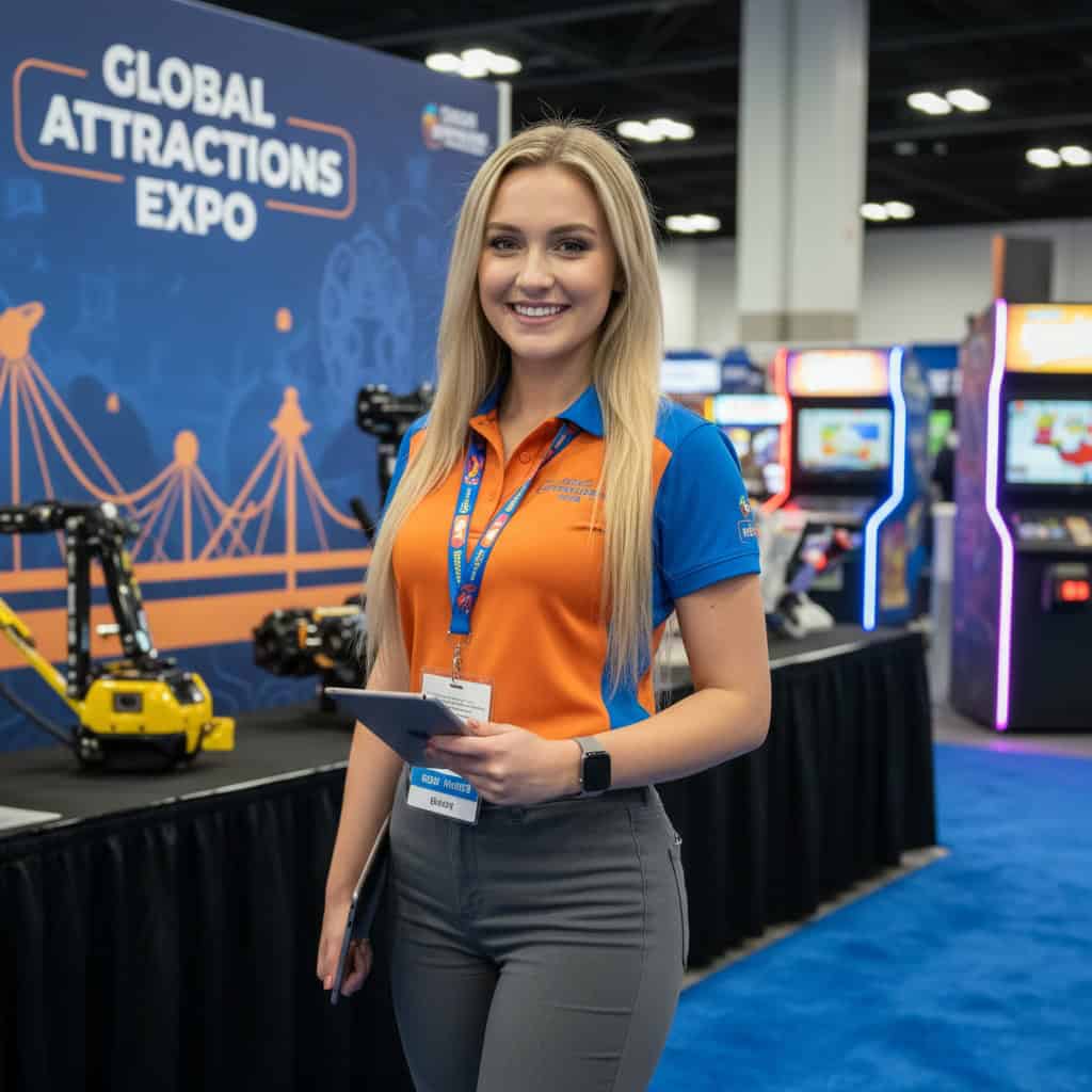 Professional trade show model at IAAPA Expo booth