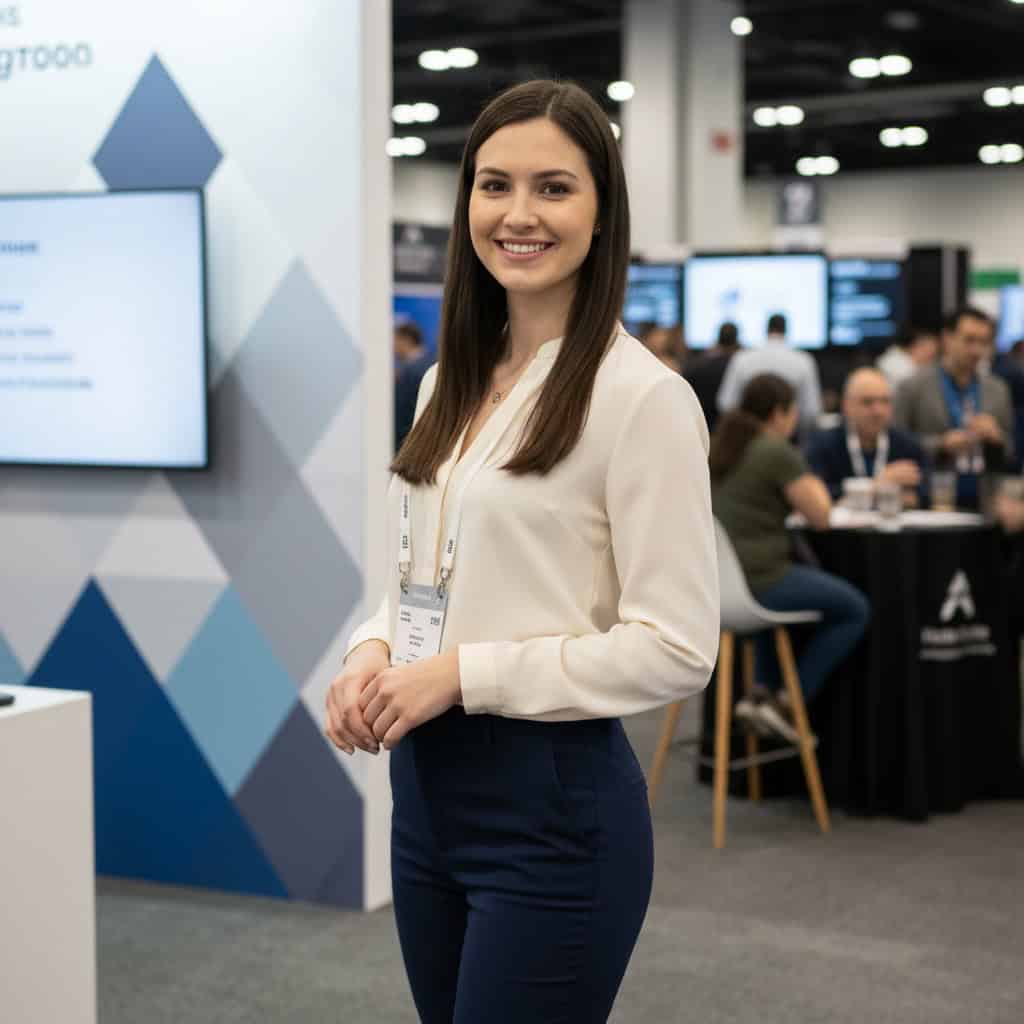 Professional trade show model at IAEE Expo! Expo! booth