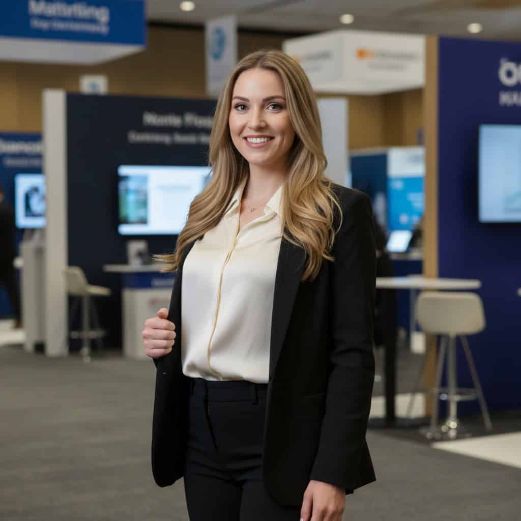 Professional trade show model at IMEX America booth