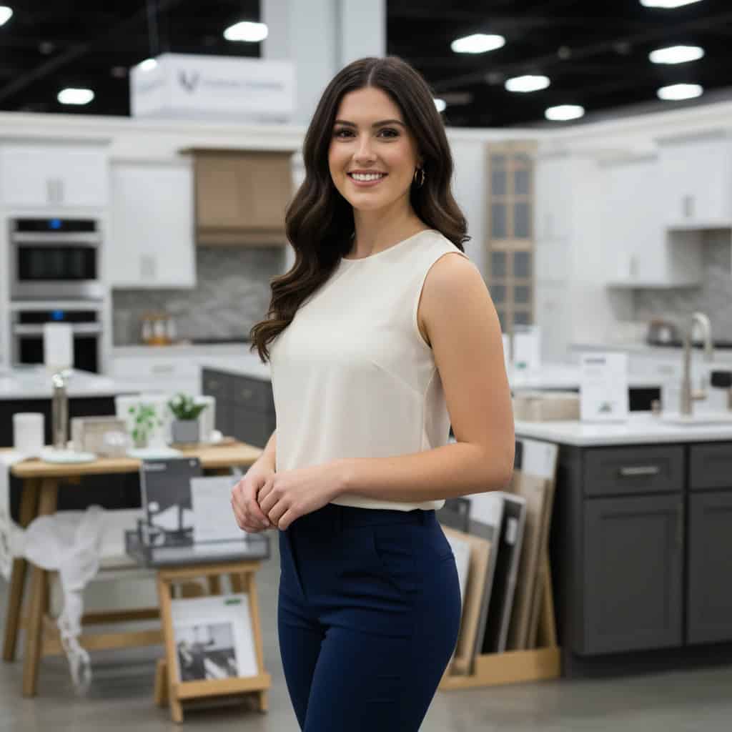 Professional trade show model at Indianapolis Home Show booth