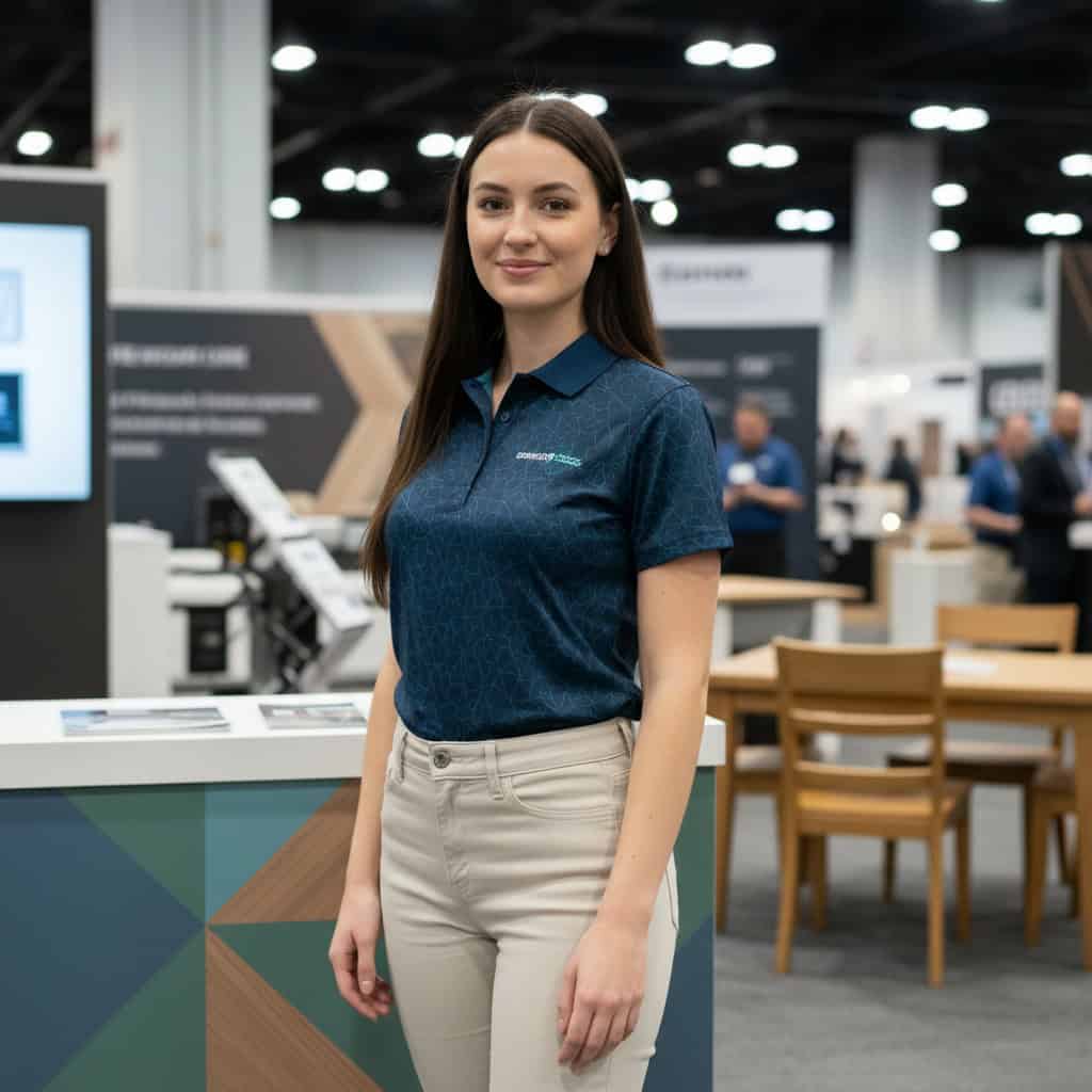 Professional trade show model at International Woodworking Fair (IWF) booth