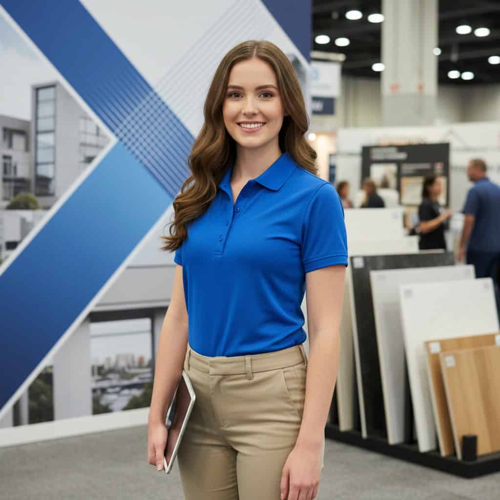 Professional trade show model at Los Angeles Build Expo booth