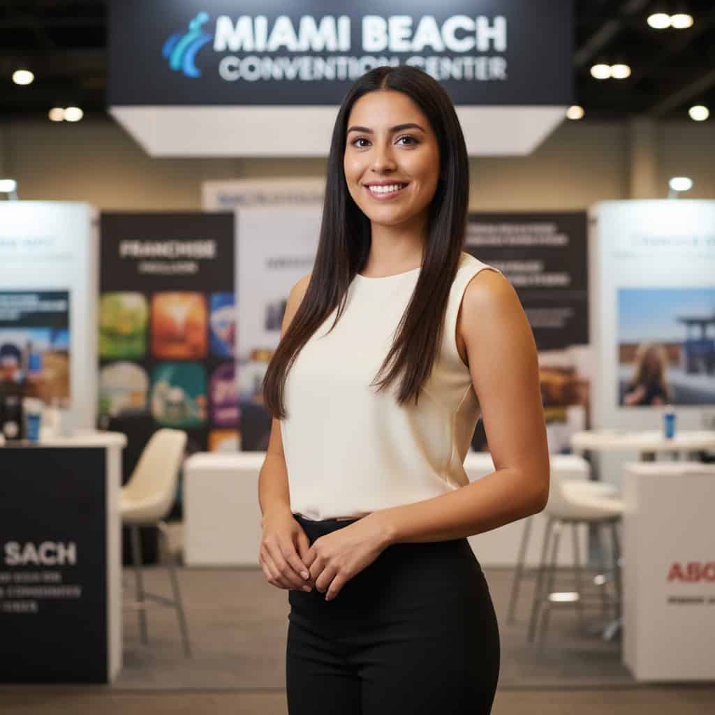 Professional trade show model at Miami Franchise Expo booth