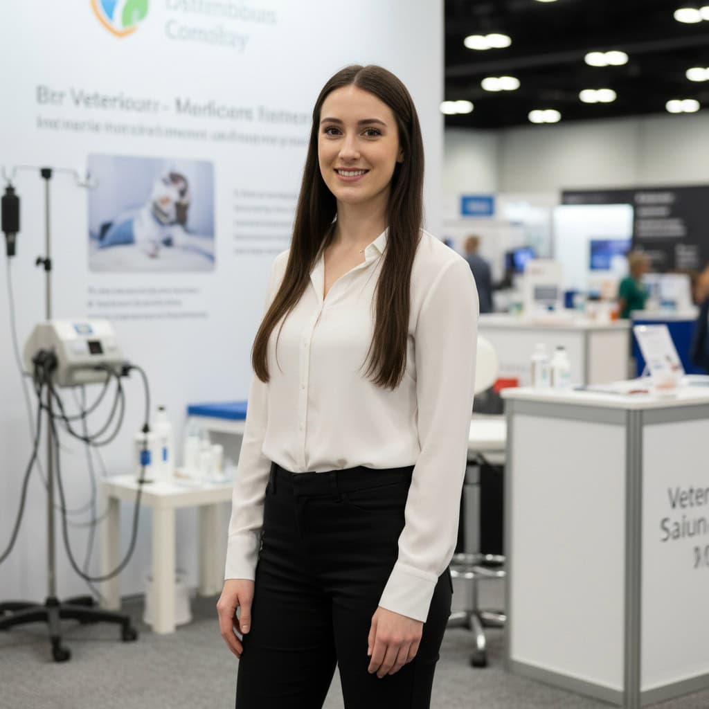 Professional trade show model at Midwest Veterinary Conference booth